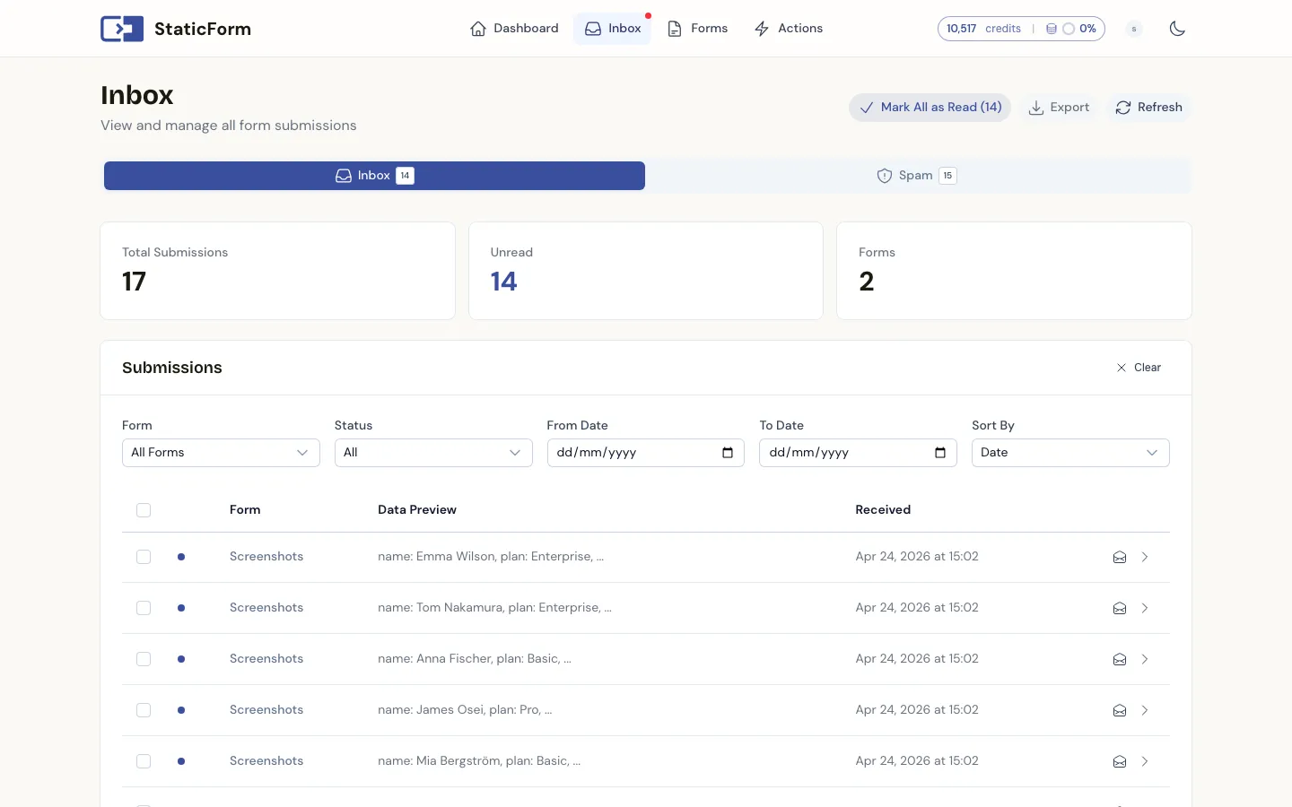 StaticForm inzendingen inbox