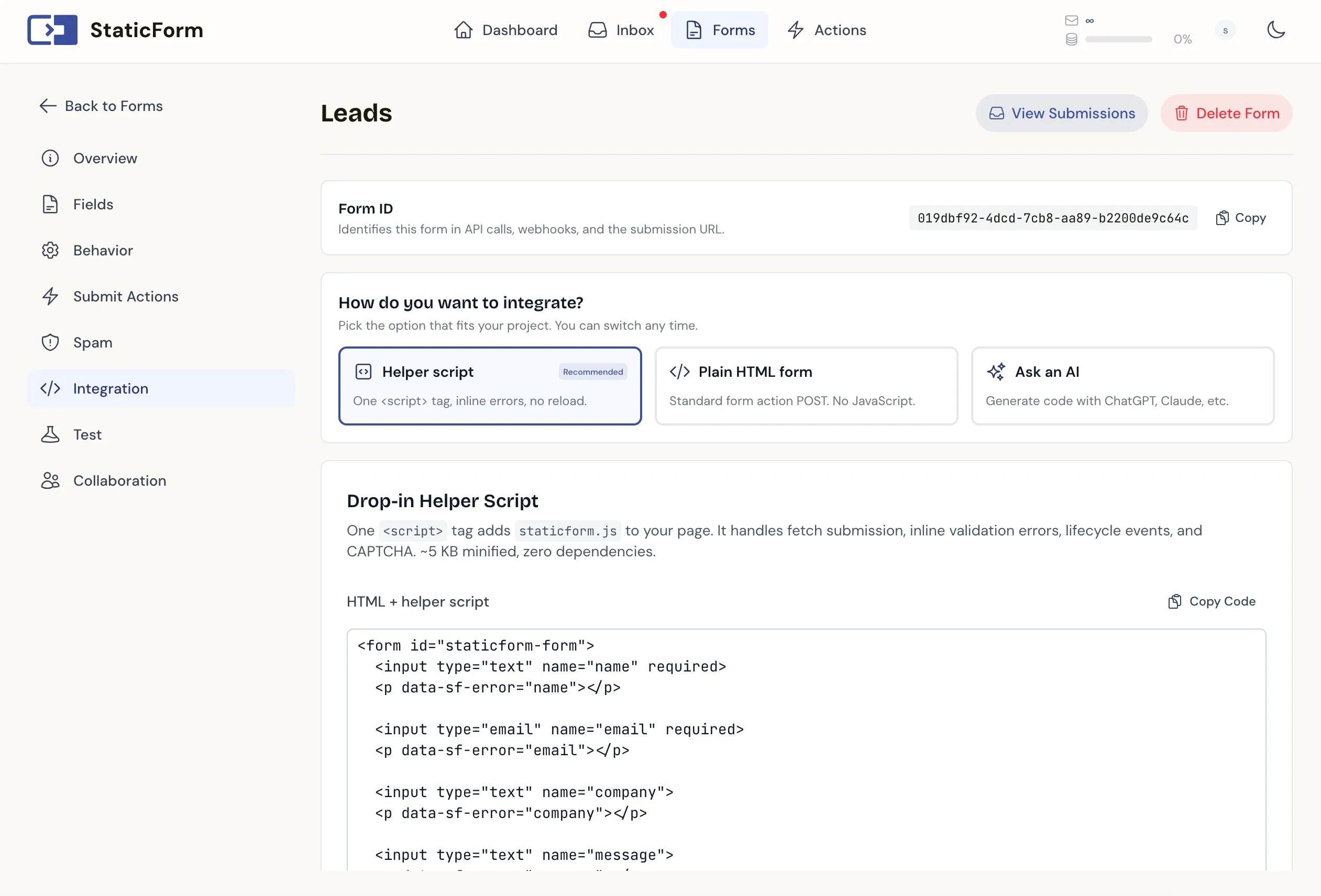 Integratievenster met gegenereerde code snippets