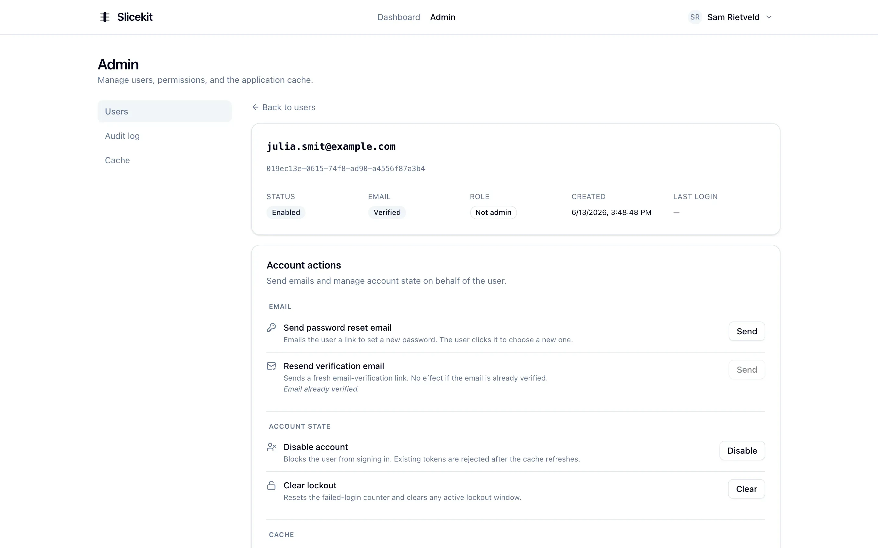 Per-user admin detail with account actions