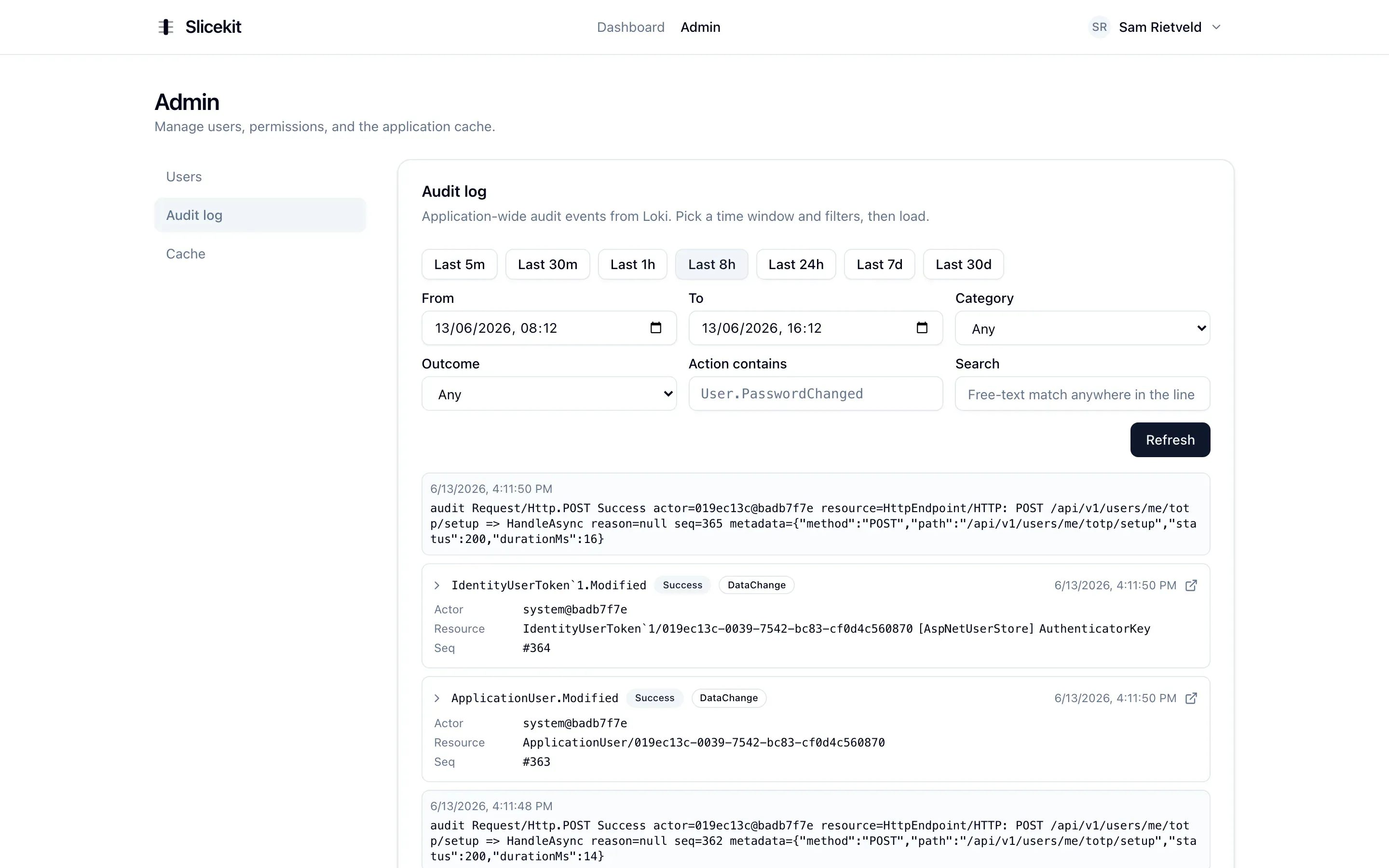 The audit log view