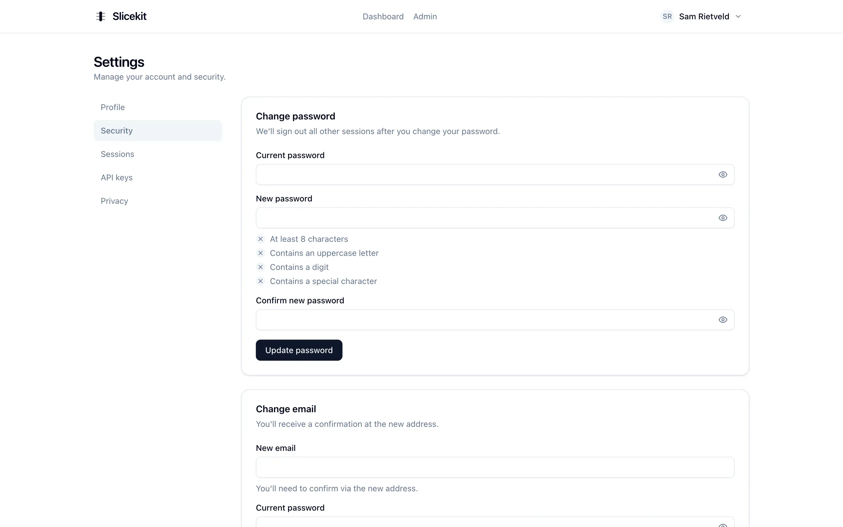 The security settings panel